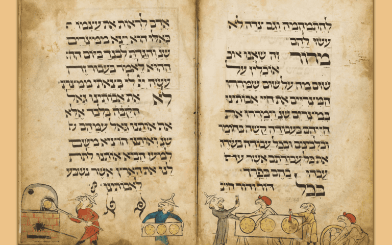 An excerpt from the Birds’ Head Haggadah, the oldest known surviving Haggadah. Photo via Wikimedia Commons