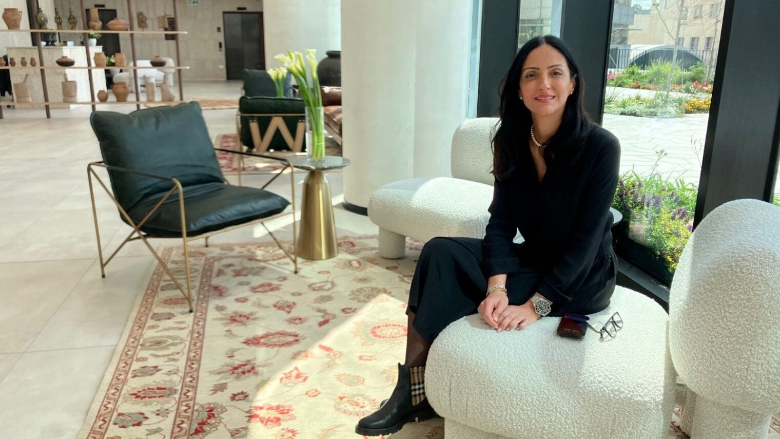Einat Ganon, general manager of the Jabob Modi’in and vice president of the Jacob chain, in the lobby of Jacob Modi’in, opened in March 2025. Photo by Abigail K. Leichman