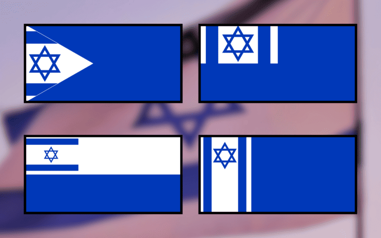 A collage of geometric variations on the Israeli flag. Images via Wikimedia Commons