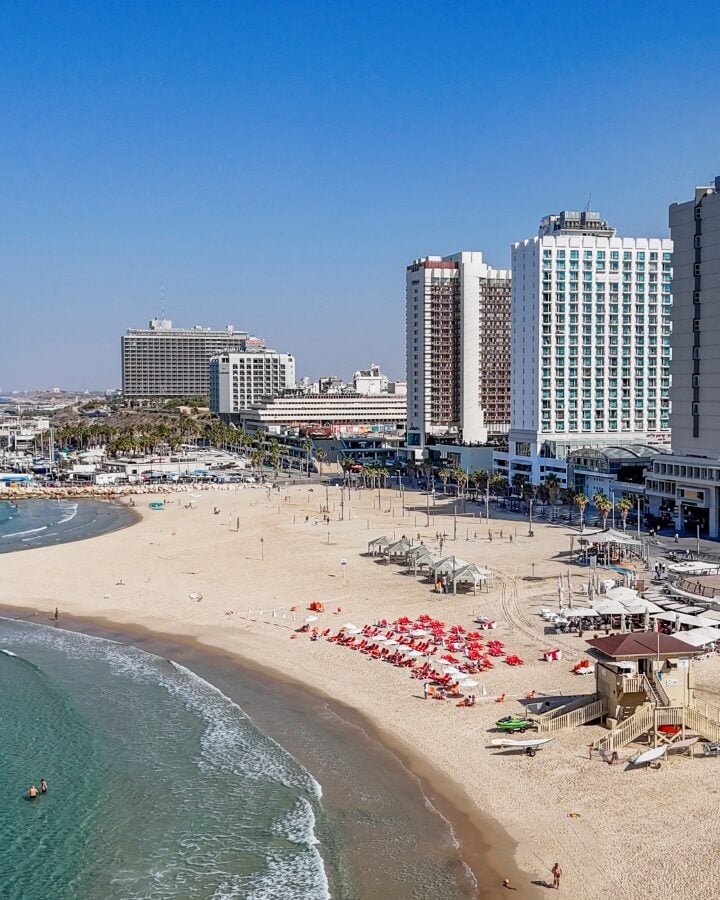 An aerial view of a beach in Tel Aviv. Photo by Guy Yechiely/Tel Aviv-Jaffa municipality