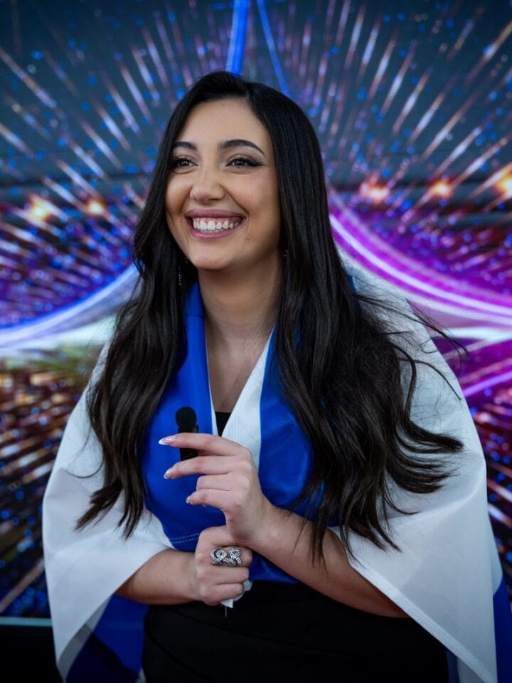 Yuval Raphael after winning the reality show that granted her the chance to represent Israel at the 2025 Eurovision, January 22, 2025. Photo by Oren Ben Hakoon/Flash90