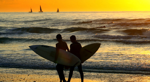 Surfers enjoy Mediterranean sunset