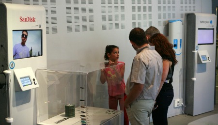 The SanDisk display shows how one tiny device can hold as much data as a stack of floppy disks. Photo courtesy of Bloomfield Science Museum